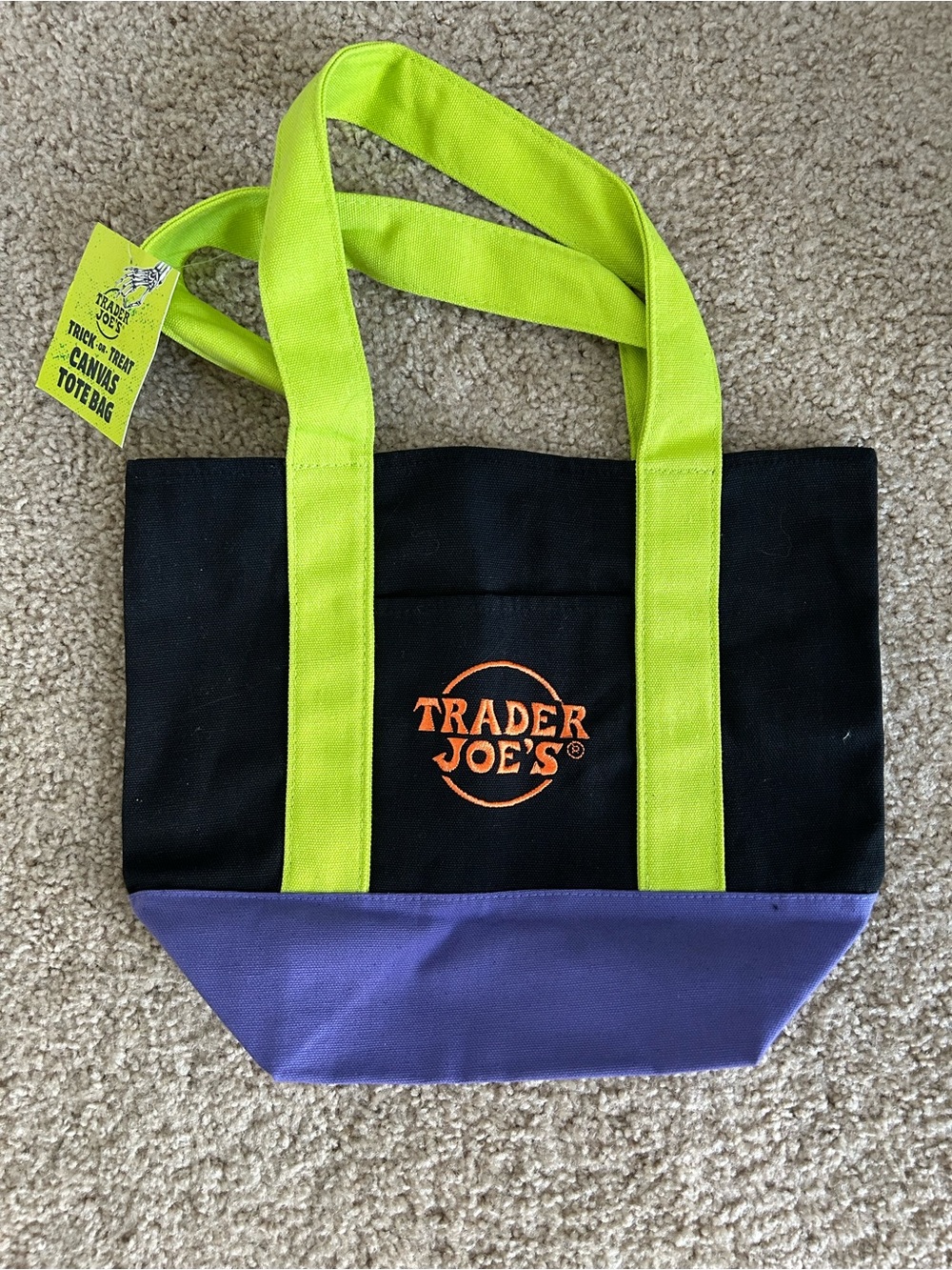Trader Joe's Black Canvas Tote with Lime Handles and Purple Base